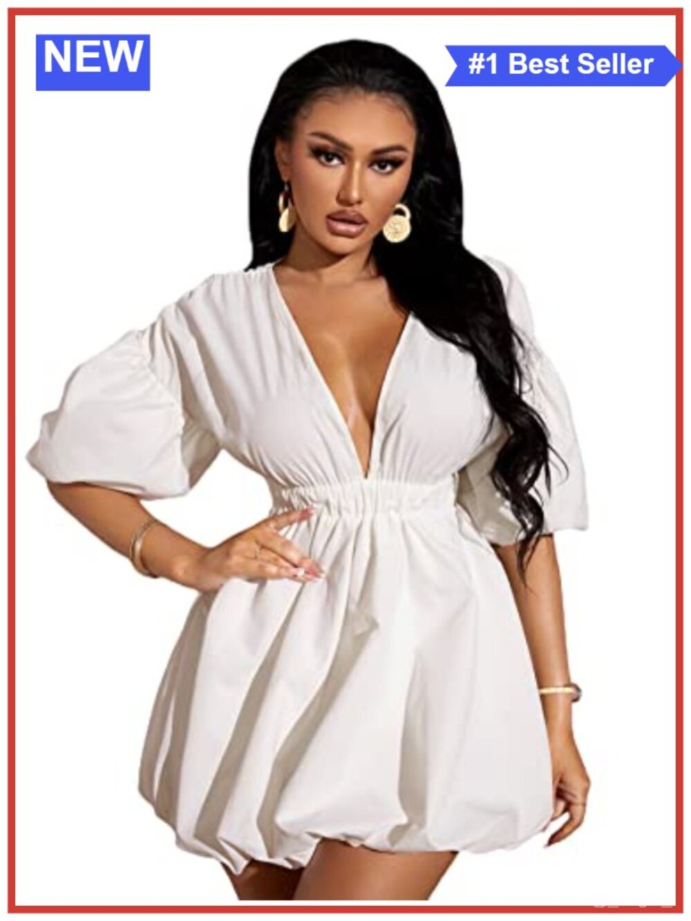 Women's Deep V Neck Puff Sleeve Ruffle Flare Mini Summer Dress